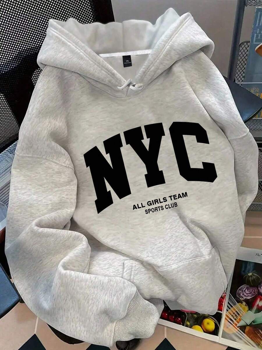Breezaya Plus-Size Women's Slogan Lettering "NYC ALL GIRLS TEAM SPORTS CLUB" City Name Print Warm Drawstring - Light Grey - View 1
