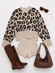 Trelyra Woman Leopard Jacquard Print Detailed Cozy Soft Oversize Sweater - Brown - View 8