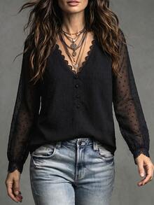 SHEIN Women's Fashion V-Neck Lace Patchwork Puff Sleeve Single-Breasted Blouse, Suitable For Daily Commute, Date, Casual Gathering - Black - View 5