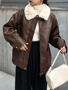 FRIFUL Women's Fur Collar Long Sleeve PU Leather Casual Loose Regular Fit Jacket - Brown - View 6
