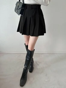 FRIFUL Women's Fashion Versatile Solid Color Pleated Skirt Fall - Black - View 4
