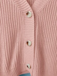 SHEIN 青少年女孩純色V領開襟短版寬鬆落肩長袖秋季毛衣 - 粉色 - 查看 4