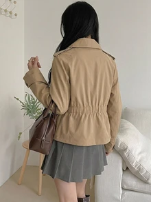 DAZY 女款純色雙排扣長袖休閒風衣外套，秋冬款 - 卡其色 - 查看 2