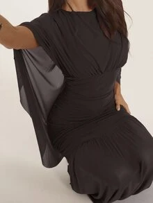 SHEIN BAE Women's Solid Color Round Neck Batwing Sleeve Pleated Elegant Dress - Coffee Brown - View 7