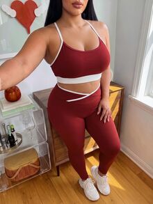 Sovereign Charm Women's Plus Size Colorblock Cropped Camisole And Leggings Sports Set - Red - View 4