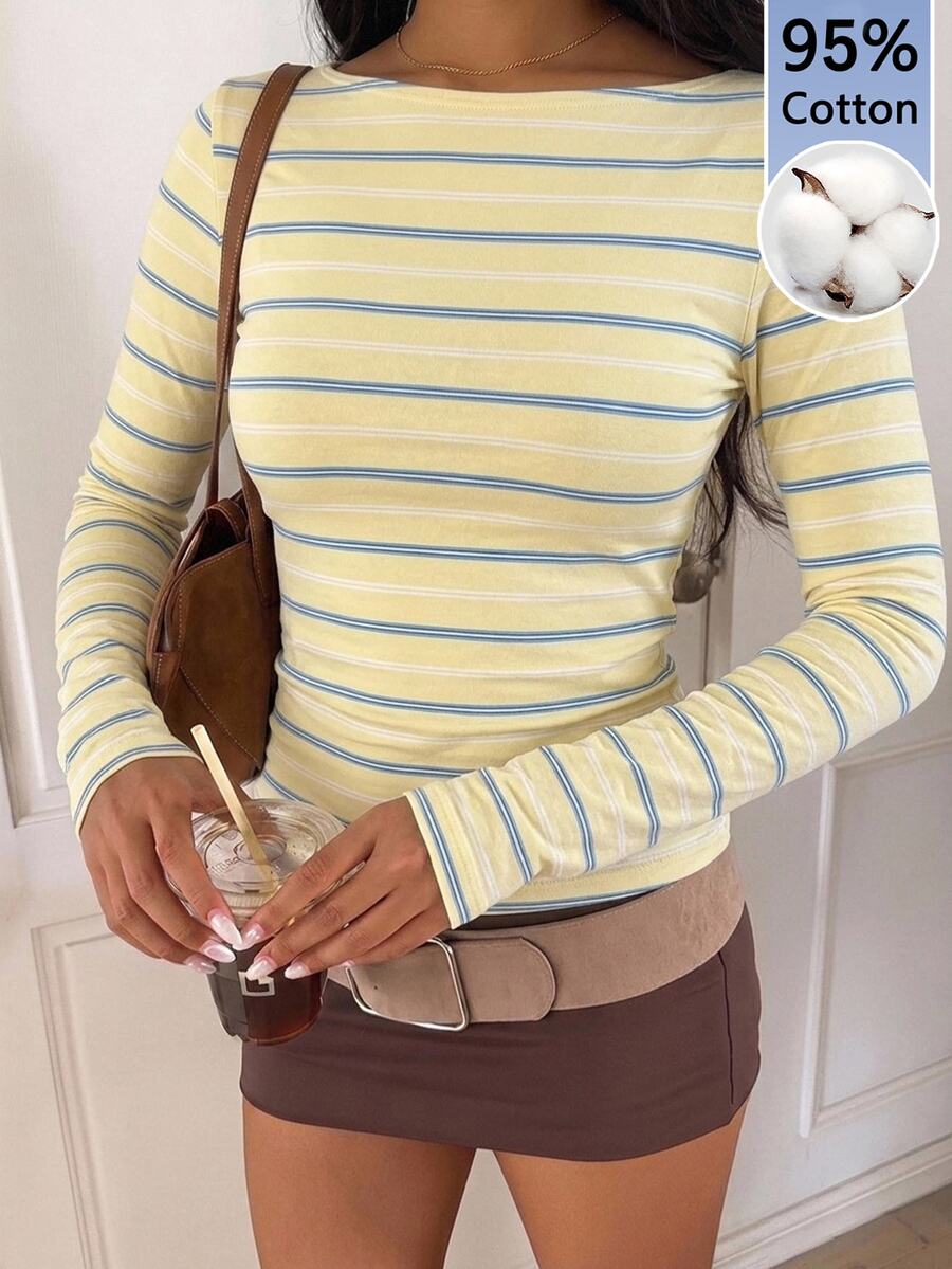 SHEIN EZwear 休閒極簡風黃色不對稱條紋 95%棉 全身印花 女款圓領長袖T恤,適合秋冬,百搭層次穿搭 - 彩色 - 查看 1