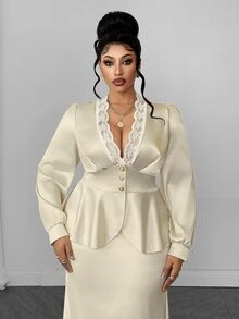 Maweii Plus Size Women's Elegant Party Casual Commute Slim Fit Puff Short Sleeve Lace Deep V-Neck Sexy Beige Blouse - Beige - View 3