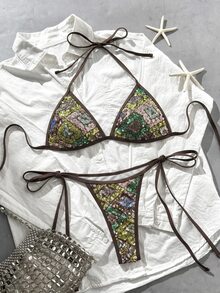 SHEIN Unity 女款亮片掛脖比基尼套裝，2合1性感熱帶海灘度假派對棕色夏季 - 彩色 - 查看 9