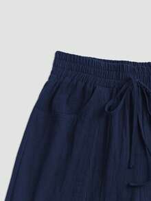 Breezaya Women's Casual Solid Color Waist Tie Cuffed Lantern Pants - Navy Blue - View 5