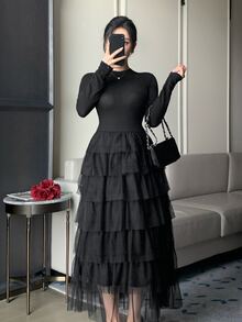 DAZY Autumn/Winter Round Neck Black Fitted Top With Mesh Patchwork Layered Ruffle Hem Elegant Romantic Party Date Women's Mid-Length Dress - Black - View 4