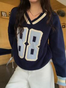 DAZY Women's V-Neck Korean Style English Letter Print Long Sleeve Deer Fleece Sweater Fall - Blue - View 3