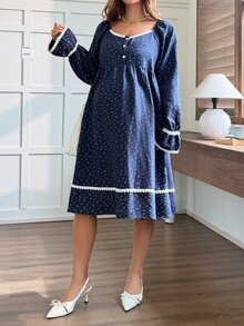 DAZY Ditsy Floral Loose Long Sleeve Square Neck Lace Trim Casual Vacation Home Daily Spring Autumn Maternity Dress - Blue - View 4