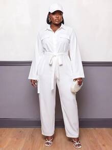 Slaydiva Autumn/Winter Plus Size White Utility Jumpsuit With Collar, Belt, Cinched Waist And Wide Leg - White - View 8