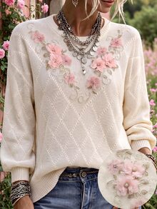 SHEIN Holidaya Sweater Lengan Panjang Wanita dengan Motif Bunga 3D Romantis dan Bahu Jatuh - Putih - View 1