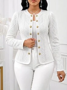 Fleurora 女款優雅白色紋理修身西裝外套，長袖開襟辦公夾克，時尚剪裁職場上衣 - 白色 - 查看 4