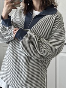 FRIFUL 女款撞色拉鍊設計落肩長袖條紋休閒T恤 - 藍色 - 查看 8