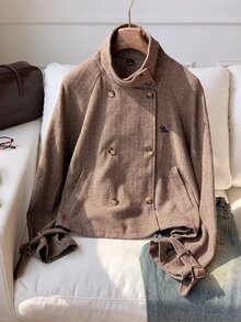 Comfortcana 女款休閒雙排扣夾克，秋季 - 棕色 - 查看 3