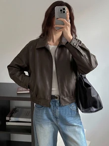 DAZY 春季新款做舊皮革短夾克 情人節女款休閒外套 - 棕色 - 查看 3