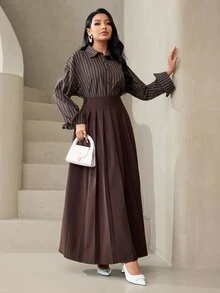 Veilorie Rok Lipit Wanita Warna Polos Pinggang Tinggi Elegan Modis - Coffee Brown - View 3