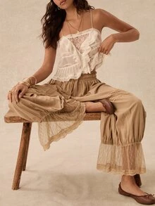 Easelle Vintage Bohemian Lace Patchwork Ruffle Camisole Tank Top For Women - Apricot - View 2