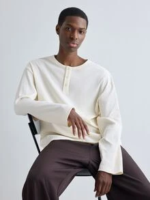 Merionis Men's Solid Color Button Design Crew Neck Long Sleeve Casual Versatile T-Shirt - Apricot - View 6