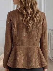 Medorina Elegant Luxury Chic, Sequin Button Up, Winter Jacket, Tweed Fabric, Gold Brown, Peplum Fit, Work Office Party, New Year, Fall Winter - Brown - View 2