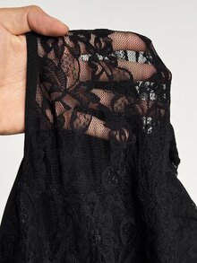 NU&NOW Plus Size Black Eyelash Floral Lace Long Sleeve Bodysuit High Neck Cut Out Strappy Sheer Mesh Underwire Bust Teddy Halloween Rave Cocktail Club Sexy - Black - View 6