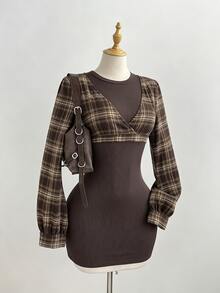 Elamini Fashionable Retro Brown Plaid Patchwork Ribbed 2 In 1 Short Bodycon Slimming Long Sleeve Dress, Simple Versatile Sexy Style For Women, Early Autumn - Multicolor - View 1