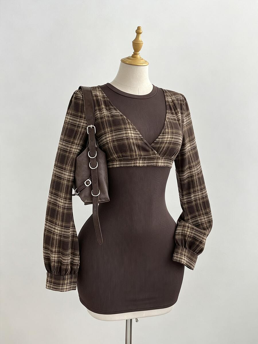 Elamini Fashionable Retro Brown Plaid Patchwork Ribbed 2 In 1 Short Bodycon Slimming Long Sleeve Dress, Simple Versatile Sexy Style For Women, Early Autumn - Multicolor - View 1