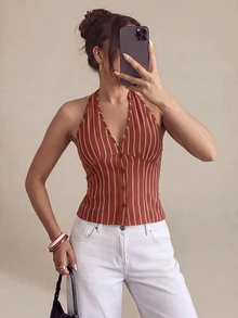 SHEIN PETITE سترة نسائية من القطن مخططة بياقة واقفة وأزرار أمامية فردية، بليزر خفيف للخريف/الشتاء - لون برتقالي - مشاهدة 4
