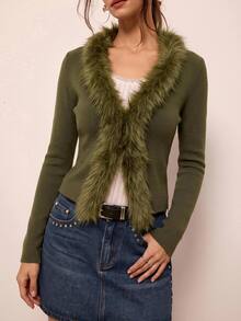 Freevana Women's Patchwork Fuzzy Long Sleeve Slim Fit Knit Cardigan Brunch Olive Green Autumn Casual Elegant - Army Green - View 2