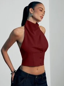 Hauture 女款性感休閒辦公高領垂領露背西裝外套上衣 - 酒紅色 - 查看 3