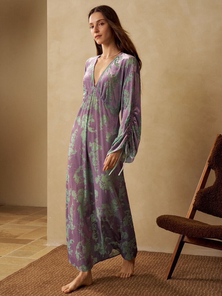 MOTF PREMIUM WOMEN'S VELVET FLORAL PRINT V-NECK DRAWSTRING RUCHED FLARE SLEEVE LOOSE SLEEP DRESS - Purple - View 5
