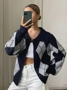 DAZY Women's Autumn Loose Fit Long Sleeve Argyle Pattern Navy & Grey Contrast Color Vintage Style Cardigan Sweater - Royal Blue - View 3