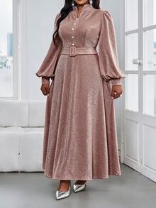 SHEIN Lady 大尺碼女款缺口V領燈籠袖鈕扣設計優雅洋裝 - 棕色 - 查看 6