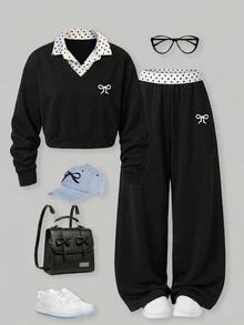 SHEIN 女童休閒兩件套，波點翻領拼接V領短版上衣搭配波點腰寬腿褲，精緻蝴蝶結刺繡，寬鬆舒適版型，歐美校園風，適合幼童與小童日常上學、外出與運動 - 黑色 - 查看 5