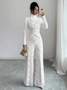Elenzga Women's Designer Lace Elastic Tie Top And Versatile Lace Long Pants, Daily Commute, Versatile Elegant, Metal Buckle Design Suit Set - Beige - View 8