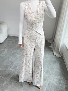 Elenzga Women's Designer Lace Elastic Tie Top And Versatile Lace Long Pants, Daily Commute, Versatile Elegant, Metal Buckle Design Suit Set - Beige - View 9