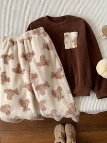 Comfortcana Women's Cartoon Bear Pocket Design Long Sleeve Top And Pants Casual 2 Pieces Set - Multicolor - View 3