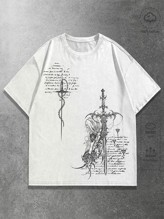 Goth Camiseta casual de manga corta con cuello redondo y estampado de eslogan y cruz para hombre