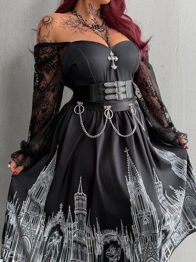 Whyspr Plus Size Square Neck Sweetheart Neckline Lace Patchwork Long Puff Sleeve Ruffle Elegant Medieval Vintage Dress Cinched Waist A-Line Black & White Contrast Castle Print Gothic Punk Cross All-Season Halloween Women's Dress