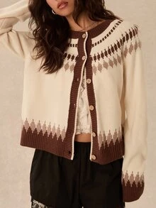 Easelle Vintage Bohemian Round Neck Cardigan For Women - Multicolor - View 1