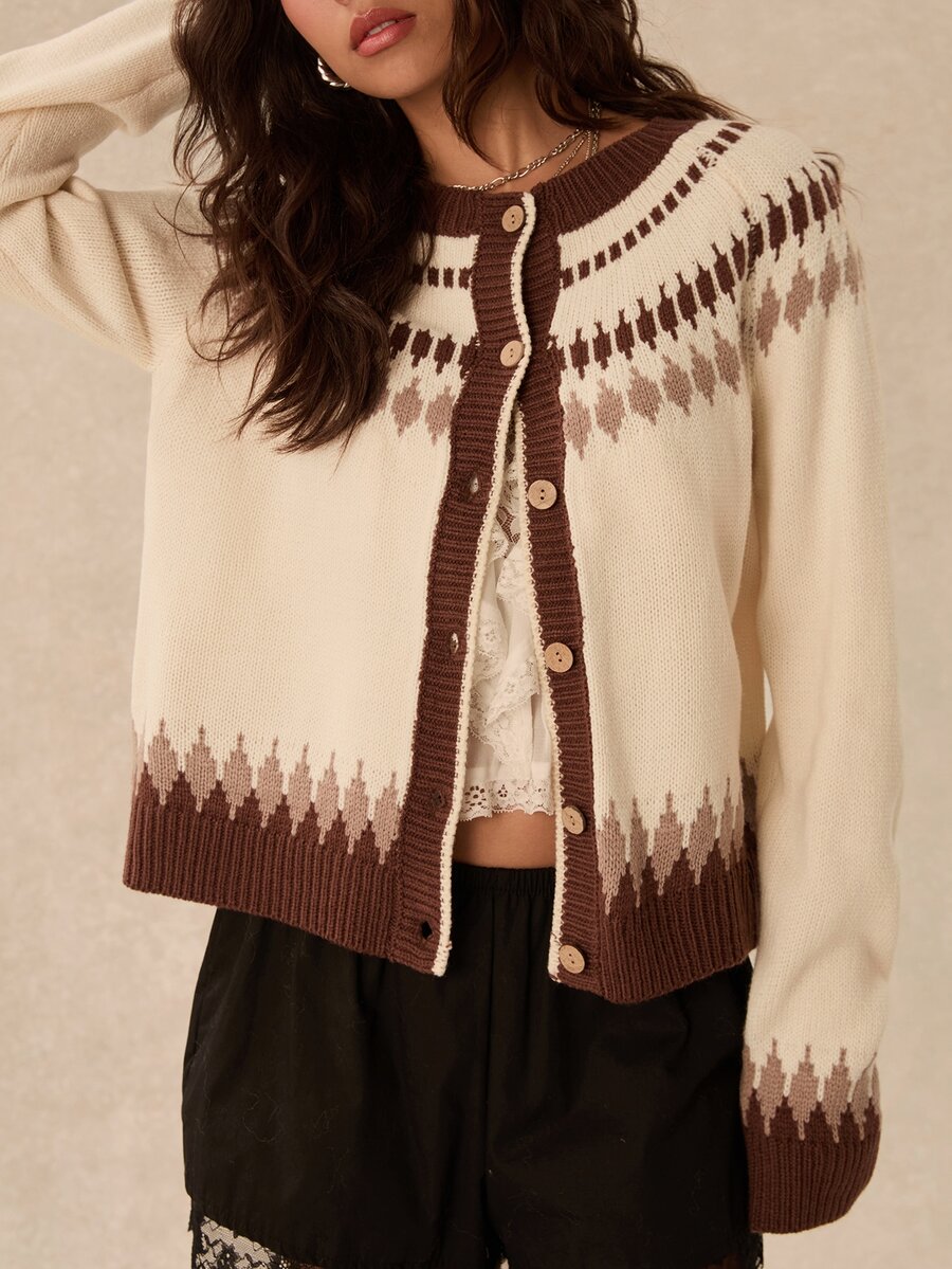 Easelle Vintage Bohemian Round Neck Cardigan For Women - Multicolor - View 1