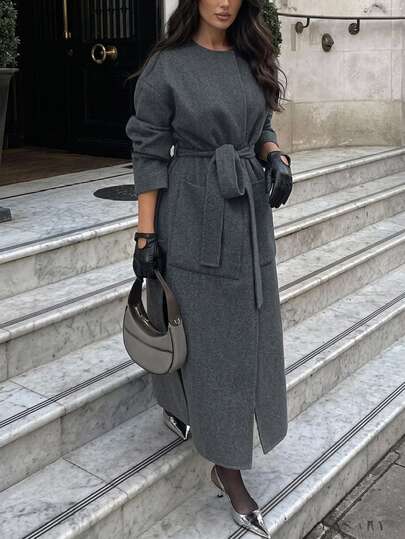 Livesso Women's Winter Dark Gray Wool Blend Coat With Lapel Collar, Button Closure, Long Sleeves, Thick Fabric, Cinched Waist, Mid-Length