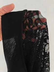 Whyspr 大尺碼休閒哥德風性感不對稱領口露背拼接蕾絲T恤上衣，黑色，適合萬聖節、電音派對、夜晚、秋季 - 黑色 - 查看 5