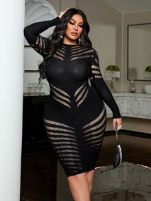 NU&NOW Women's Plus Size Sexy Hollow Out Fitted Dress Halloween Club Party Black Autumn Fall - Black - View 2