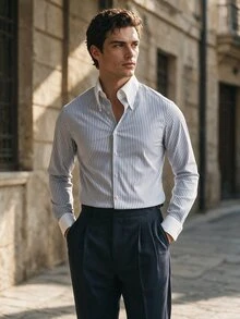 Manfinity Dauomo Men's Striped Long Sleeve Single-Breasted Casual Commute Shirt - Blue and White - View 7
