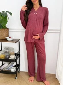 Moonlight&Mama 極簡基礎時尚 紫紅色針織彩色面料 V領假門襟裝飾 孕婦長袖長褲睡衣套裝 - 中紫紅色 - 查看 7