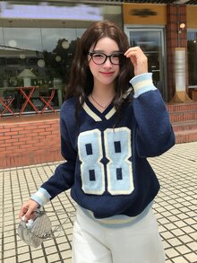 DAZY Women's V-Neck Korean Style English Letter Print Long Sleeve Deer Fleece Sweater Fall - Blue - View 4