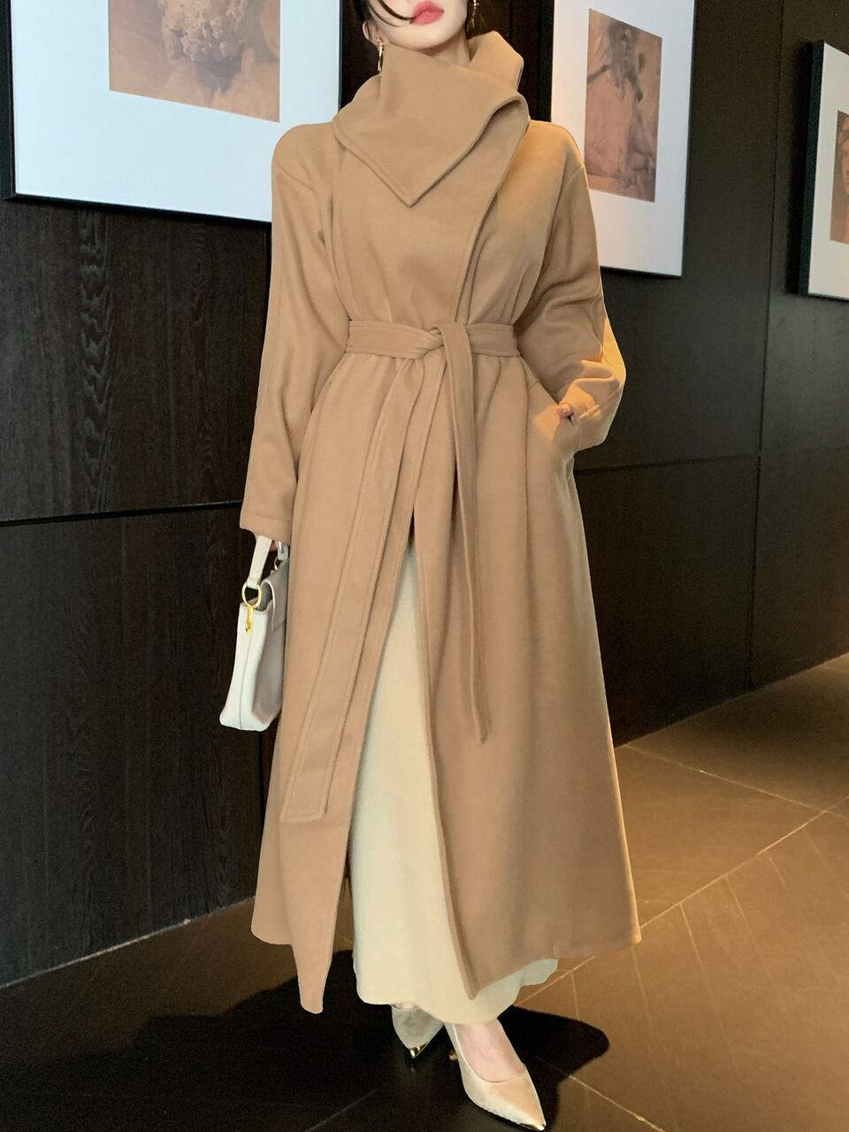 Autumn Winter Oversized Lapel Long Sleeve Loose Tie Waist Camel Color Elegant Women's Long Overcoat